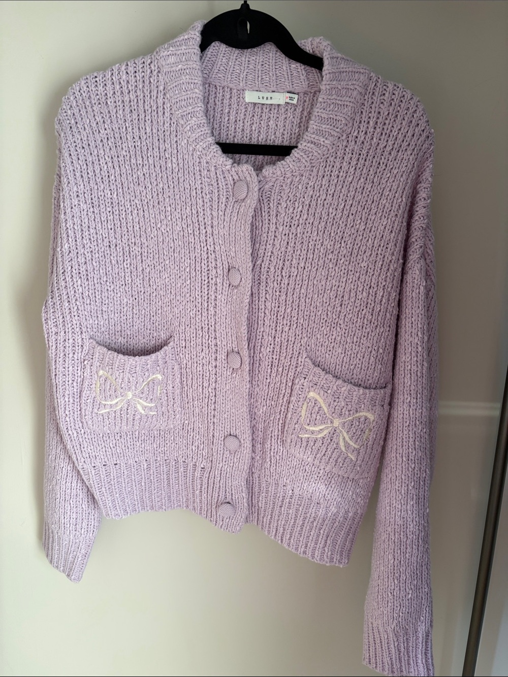 Lush Lavender Knit Cardigan with Bow-Pocket Detail